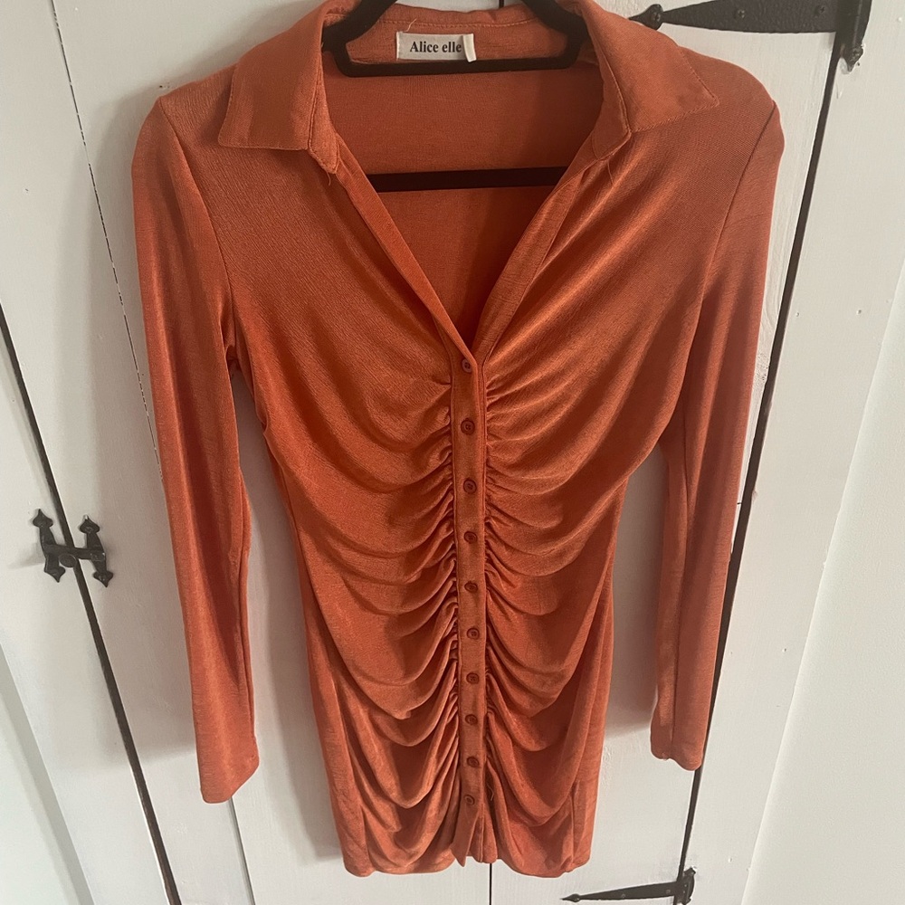 Peppermayo Orange Ruched Button-Up Dress